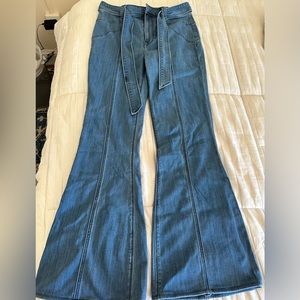 Belted, High-Waisted Bell Bottom Jeans